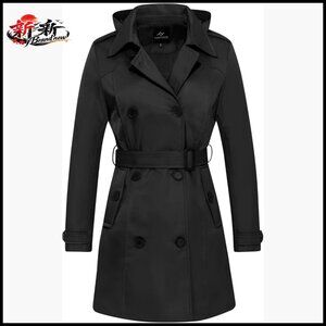 Women's Waterproof Trench Coat Double Breasted Windbreaker Belted Removable Hood